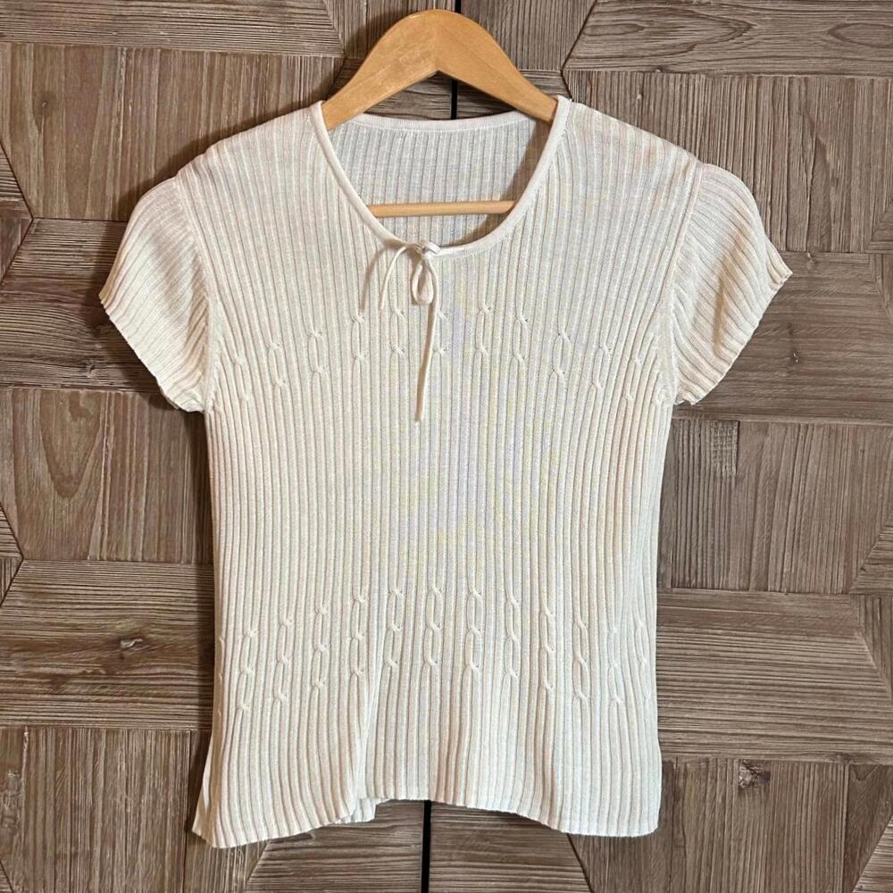 Womens Cream Scoop Neck Sweater Short Sleeve Top Size S/M Ribbed Cottagecore